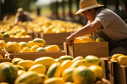 A farmer wearing a straw hat and gloves is carefully placing melons into a card, a Food & Drink Photo by Textures & Backgrounds