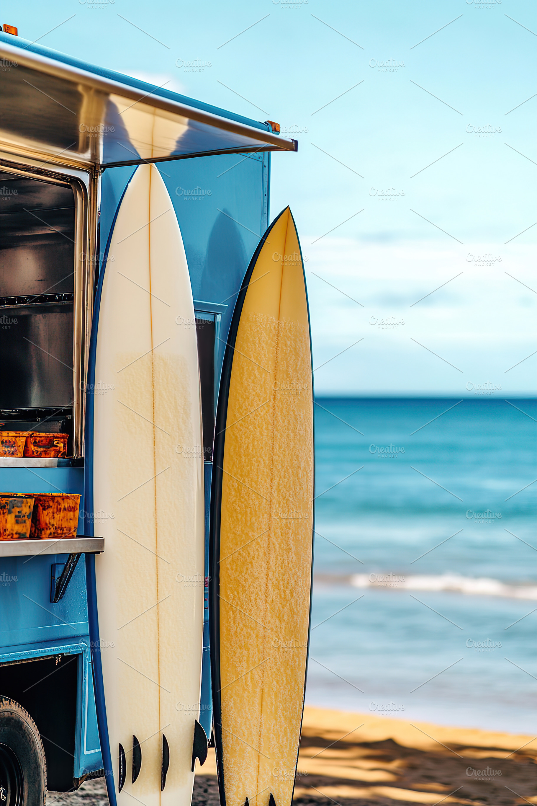 Surfboards by the beach with a food truck parked under a clear sky, a Sports & Recreation Photo by AlyaAnd