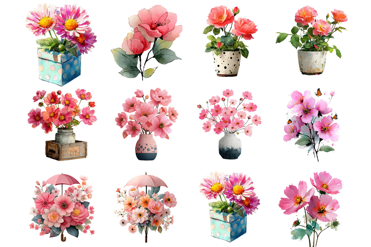 Whimsical Pink Flowers Spring Clipar, an Illustration by DreamArtGraphic (Photo 3 of 4)