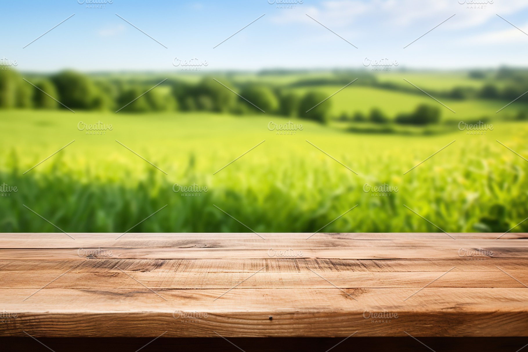 Wooden board on blurred green landscape background, a Background Photo by AlyaAnd