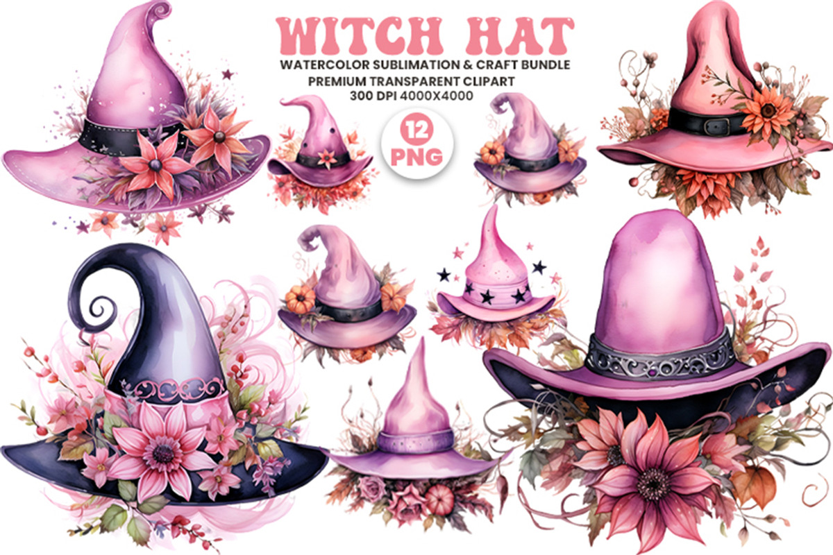 Watercolor Pink Witch Hat PNG Bundle, a Seasonal Illustration by Creative Arslan (Photo 1 of 6)