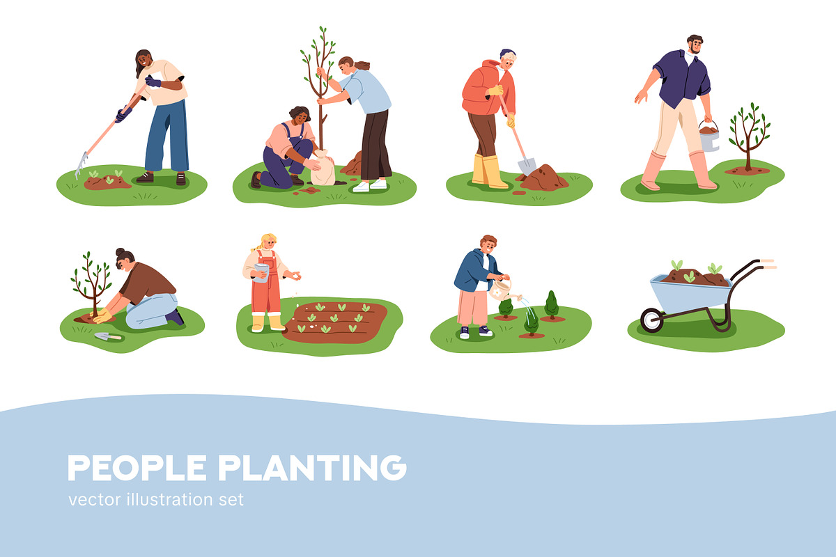People planting trees in garden set, a Person Illustration by Good Studio (Photo 1 of 4)