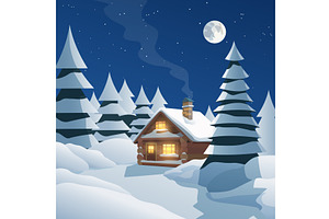 a cozy winter cabin under full moon, an Illustration by IfH