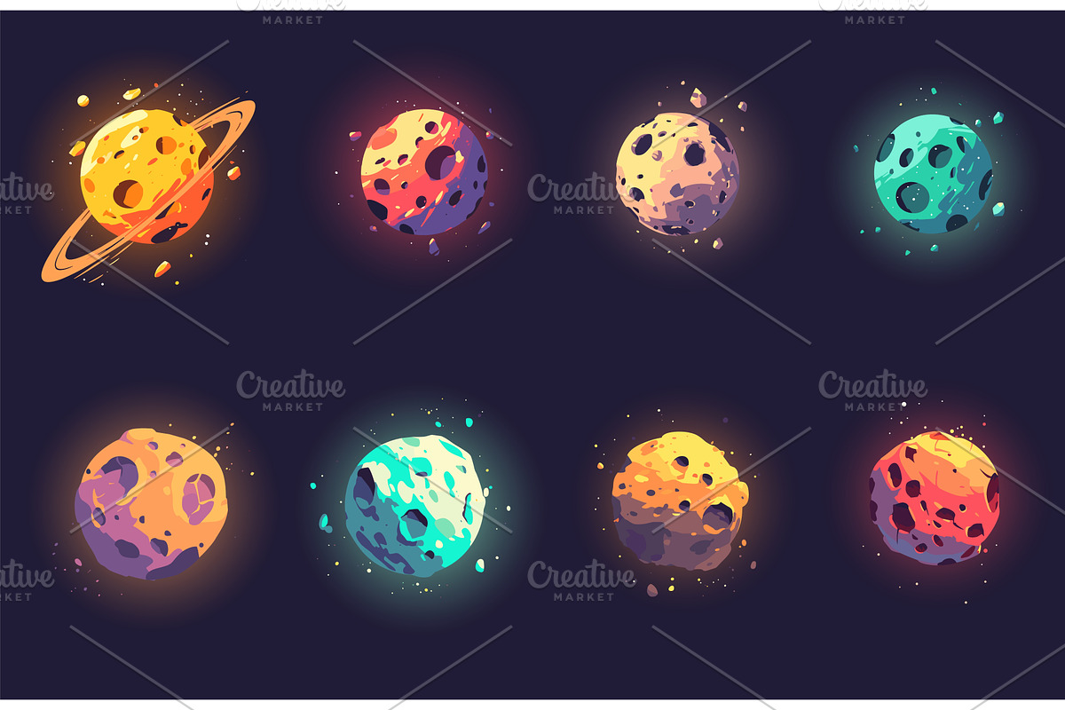 set of cartoon asteroids and, an Illustration by LadadikArt