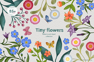 Tiny flowers, butterflies and leaves