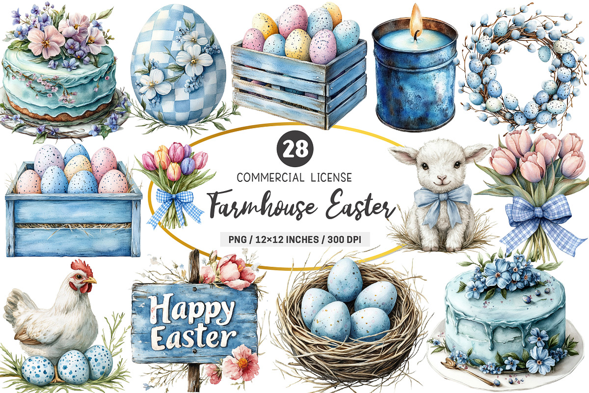Blue Country Farmhouse Easter PNG, an Illustration by SinaCreation (Photo 1 of 5)
