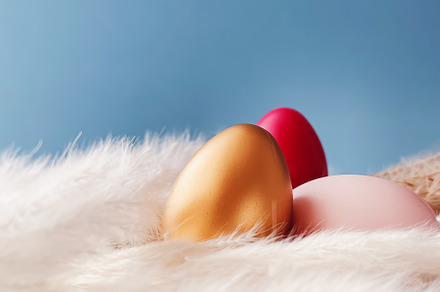 Happy Easter. Colourful painted easter eggs on blue background,, a Holiday Photo by Anneleven