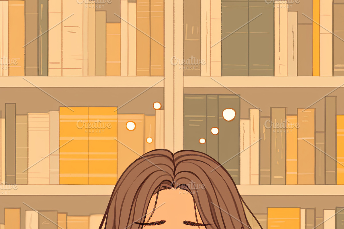 Young woman sitting at desk with laptop and books in library, an Illustration by AS photostudio