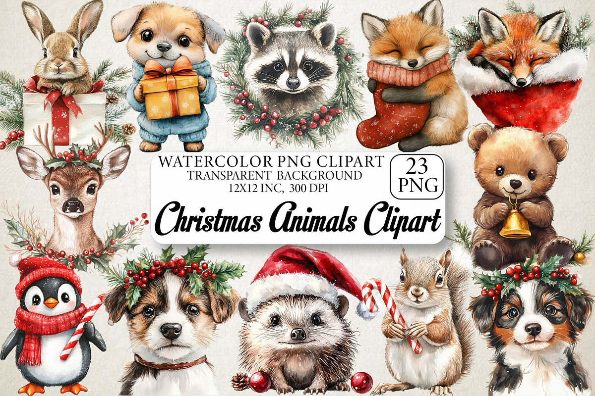 Christmas Animals Watercolor Clipart, an Illustration by DreamPrint404 (Photo 1 of 5)