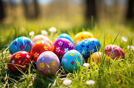 Colorful easter eggs on green grass, a Holiday Photo by AlyaAnd