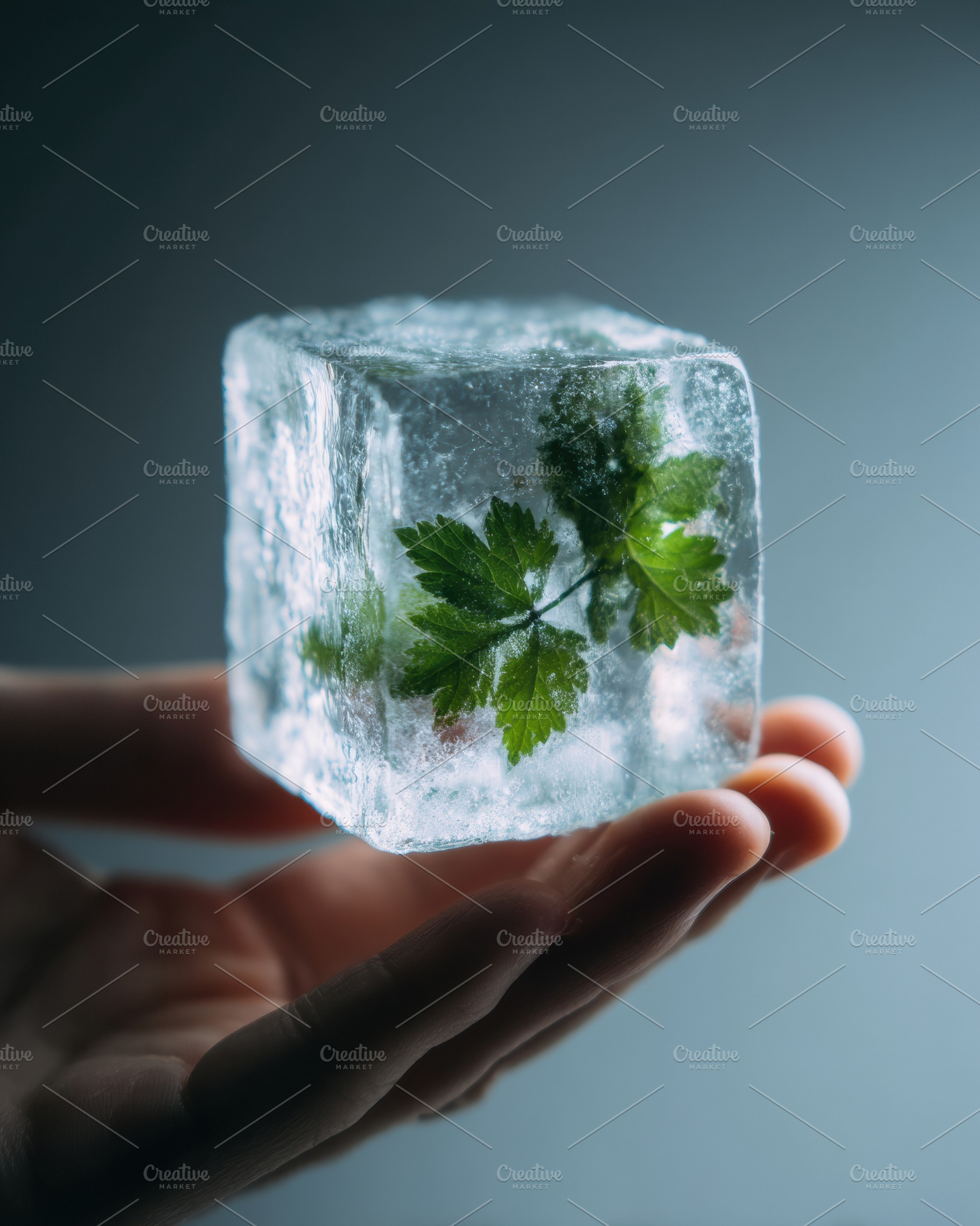 Hand holding transparent ice cube, a Nature Photo by Virgo Studio