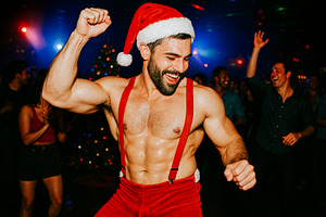 a muscular man dancing at christmas, generative AI, a Photo by Nito