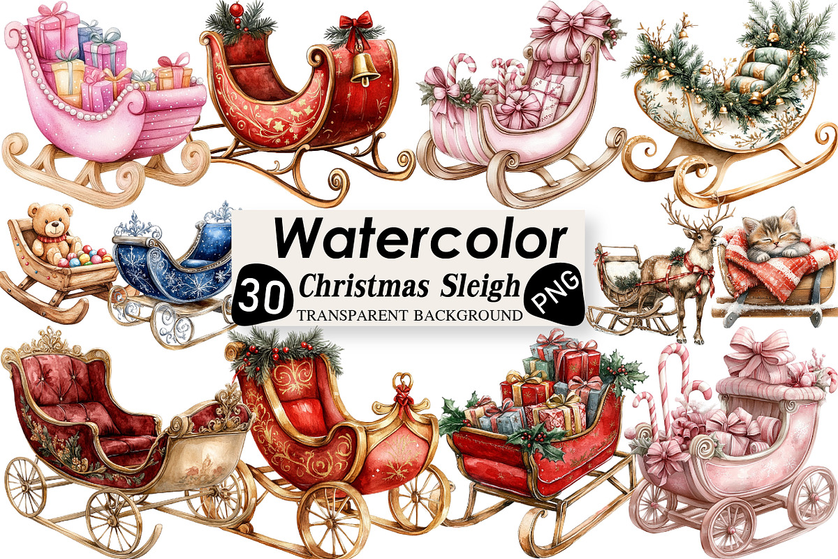 Christmas Sleigh Sublimation Clipart, an Illustration by Black Bird Studio (Photo 1 of 6)