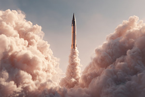 A sleek rocket launches triumphantly through billowing clouds of smoke, symboli, a Business Photo by ImageMir