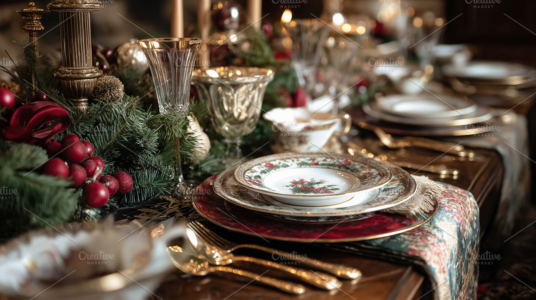 Christmas dinner table adorned with beautiful festive decor, ornate dinnerware,, a Food & Drink Photo by Anneleven