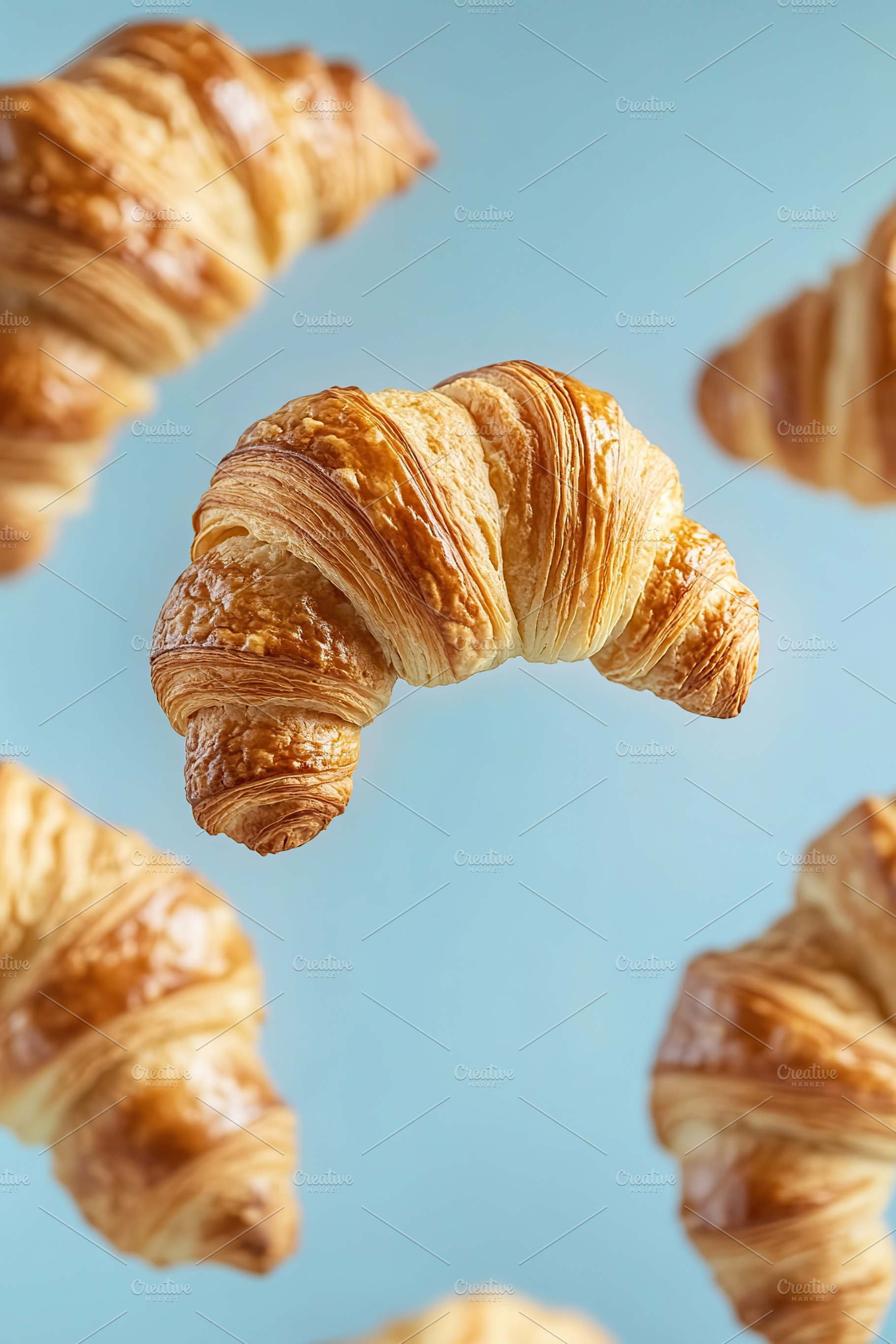 French pastry croissants in air on blue background, a Food & Drink Photo by AlyaAnd