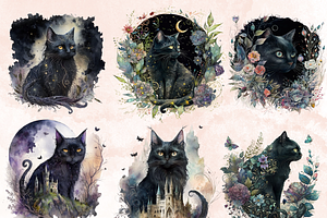 Watercolor Fantasy Black Cat Clipart