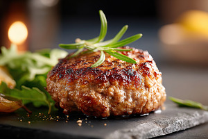 Juicy patty served on a slate plate with fresh herbs and greens, a Food & Drink Photo by AlyaAnd