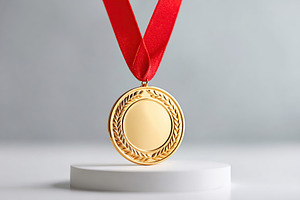 Medal with red ribbon displayed on a white pedestal against a neutral backdrop, a Sports & Recreation Photo by AlyaAnd
