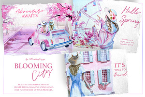 Watercolor Blooming City Clipart Set