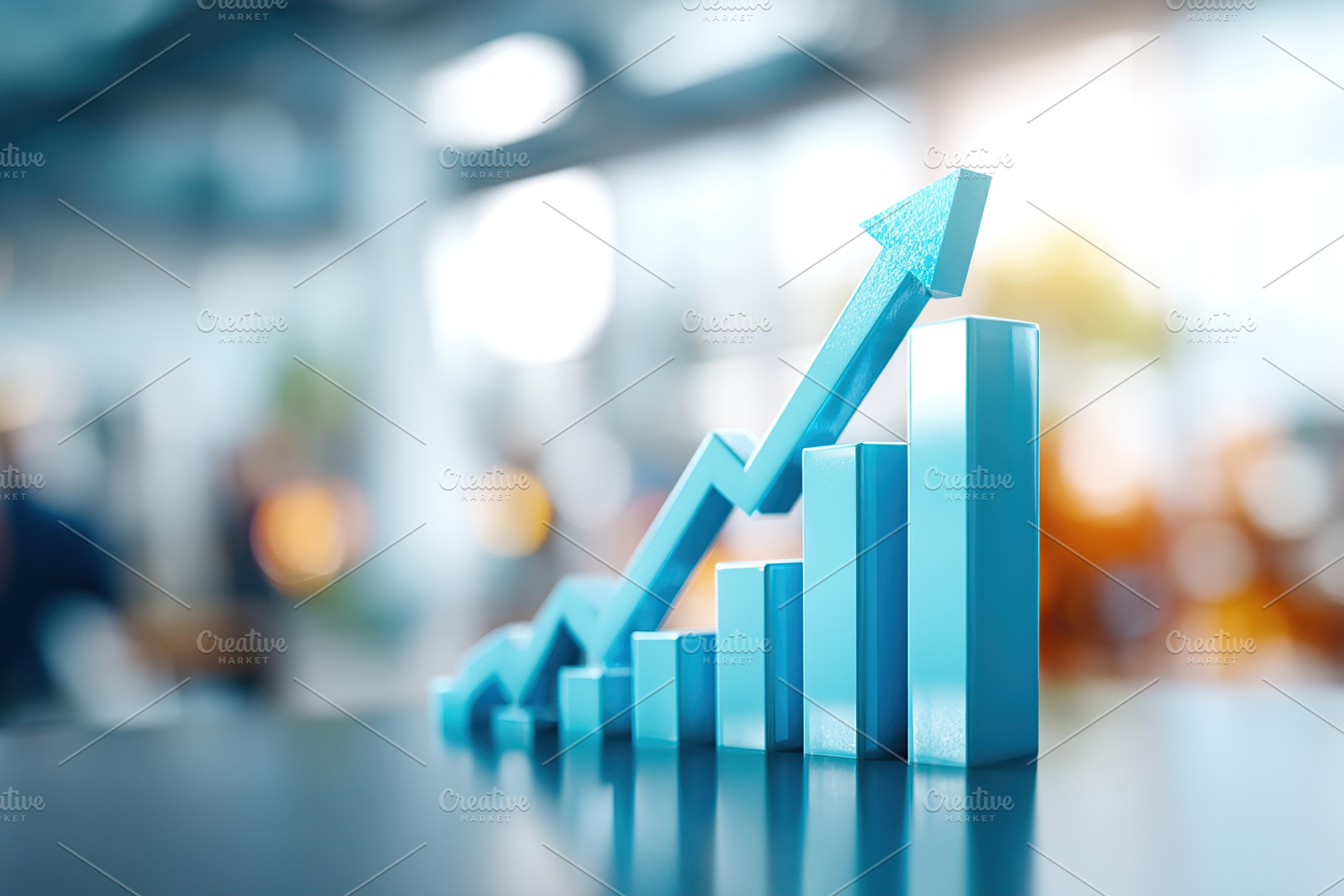 Growing upward trend represented by vibrant blue bars in a modern workspace set, a Photo by AlyaAnd