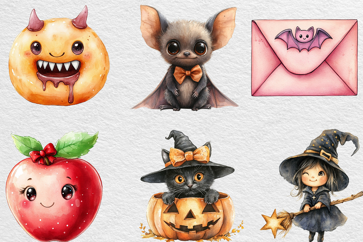 Watercolor Kawaii Halloween Clipart, an Illustration by Black Bird Studio (Photo 2 of 6)