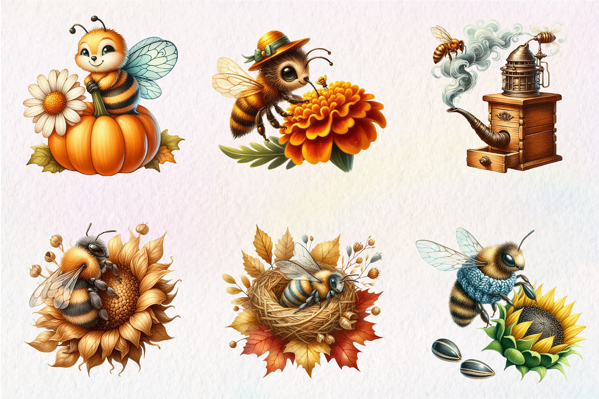 Watercolor Autumn Bees Garden Clipar, an Illustration by CreationArt (Photo 3 of 9)