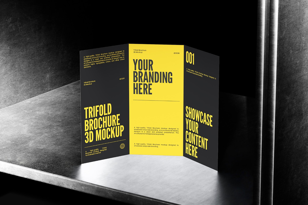 Trifold On Metal Desk 3D Mockup, an Advertising Mockup by graphicook (Photo 2 of 4)