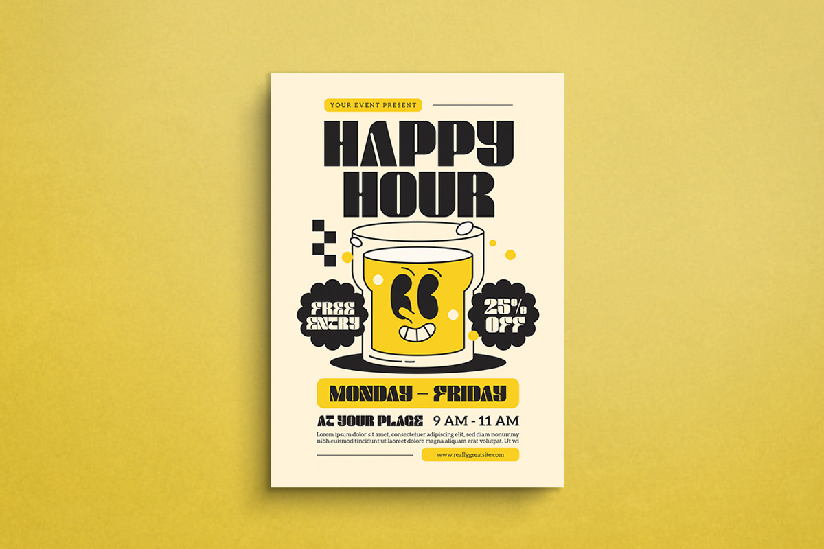 Happy Hour Retro Flyer, a Flyer Template by Alegaciez (Photo 1 of 3)