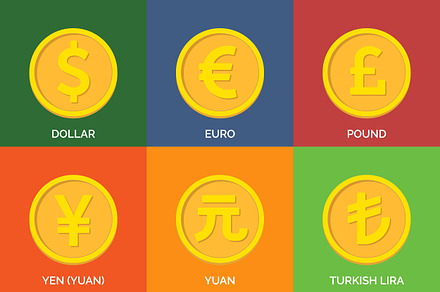 Currency Icons. Flat Golden Coins
