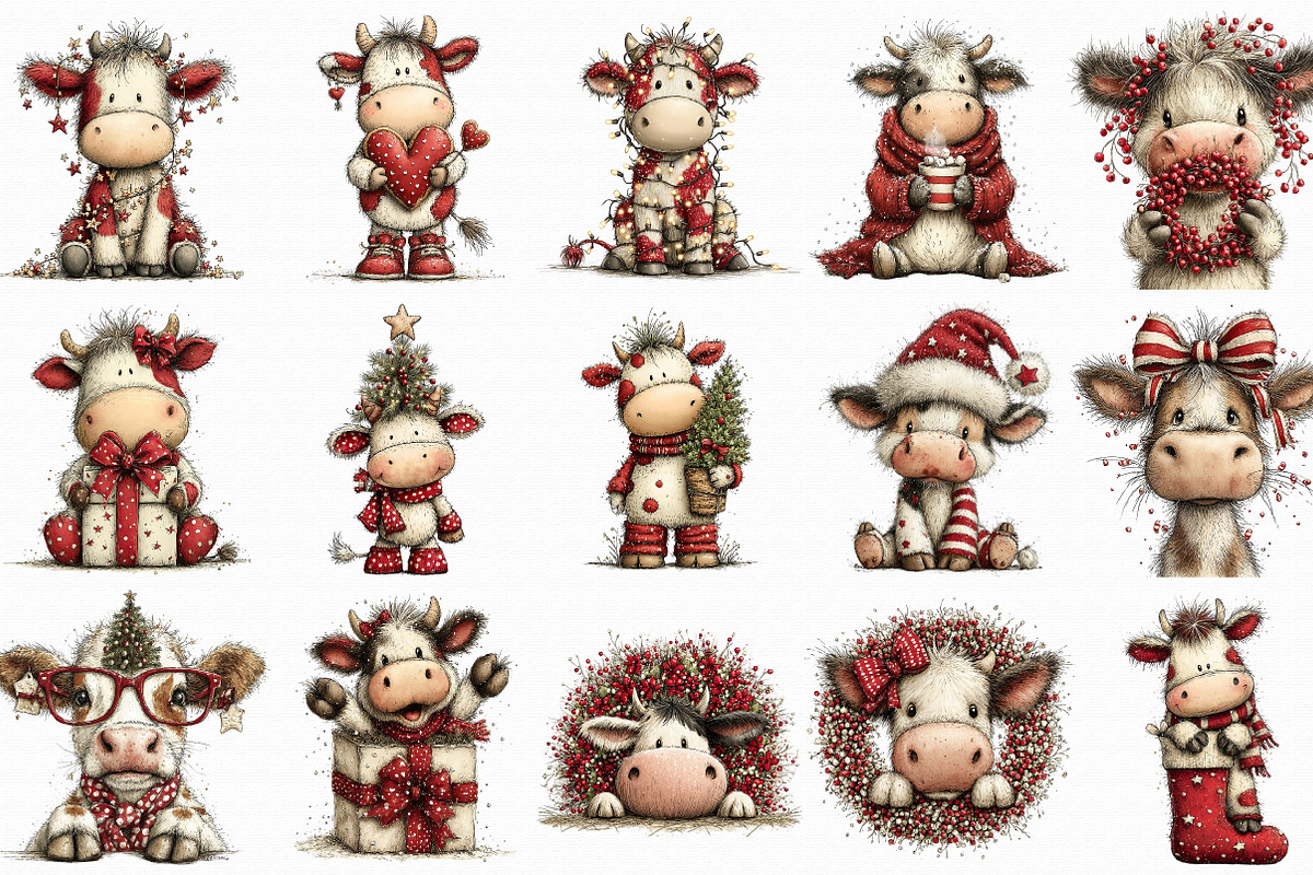 Whimsical Cute Christmas Cows Clipar, an Illustration by Libby Wishes (Photo 2 of 7)
