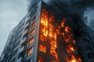 Apartments in high building with tongues of fire, an Architecture Photo by AlyaAnd