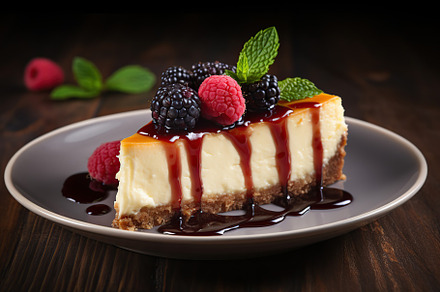 Piece of cheesecake with fresh berries on wooden background, a Food & Drink Photo by AlyaAnd