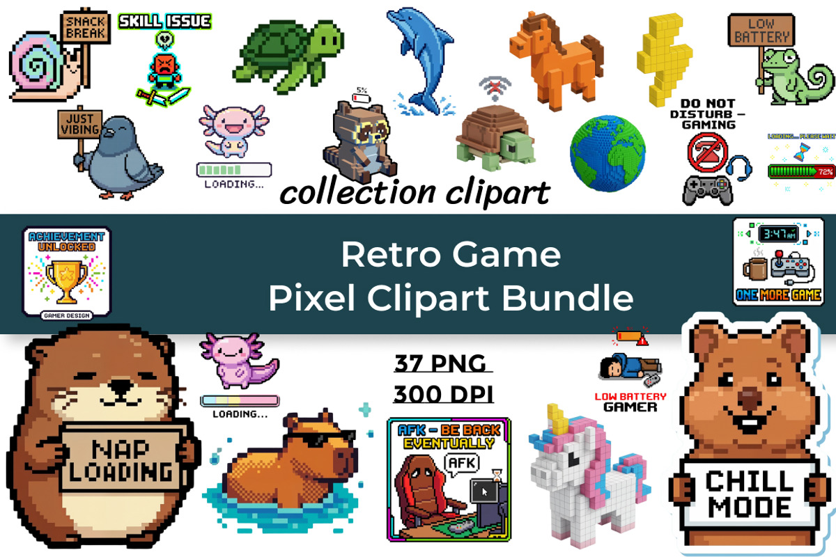 Retro Game Pixel Clipart Set - 37PNG, a Technology Illustration by InkyQueenArt (Photo 1 of 6)
