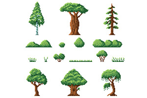 Pixel art bush and trees. Backyard, an Object Illustration by YummyBuum