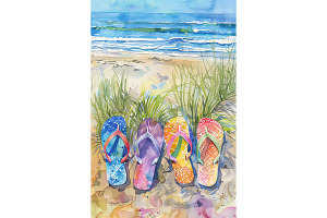 Flip Flops in Beach Coastal Art, a Decorative Illustration by Art Paradise Studios