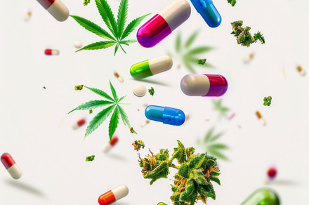 Colorful pills and cannabis leaves scattered on white background, a Photo by Dvoevnore photos