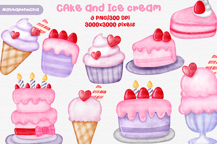 Watercolor illustration set of cake