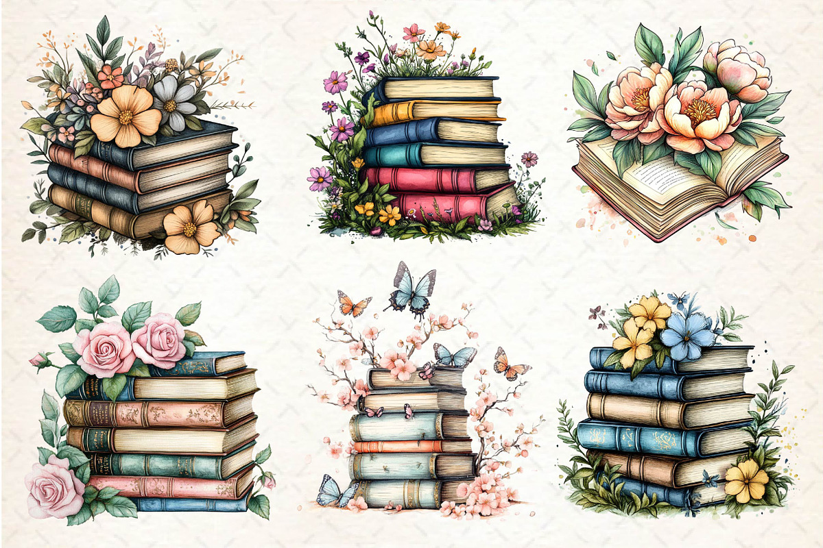 Pretty Books with Flowers Clipart, an Illustration by Dream Creation (Photo 2 of 6)