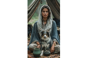 Bohemian Woman With Dog In Forest