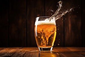 Glass of beer with splashes on wooden background, a Food & Drink Photo by AlyaAnd