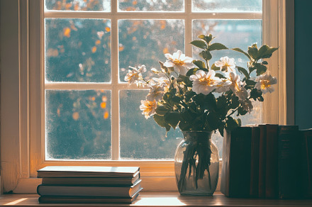 Sunlit windowsill with a vase of flo, a Photo by Iftikhar Alam