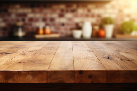Wooden table in the kitchen on blurred background, a Background Photo by AlyaAnd