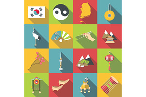 South Korea Travel Icons Set, Flat