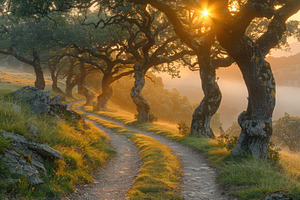 Curving dirt path through sunlit oak trees on grassy hillside at, a Photo by José Manuel Gelpi