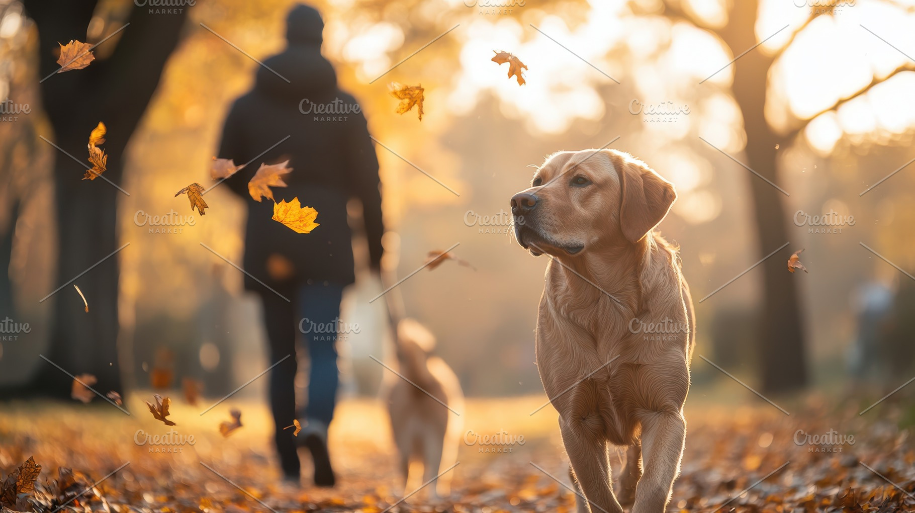 Dog stroll in a park with golden lea, an Animal Photo by Pixeness Studio