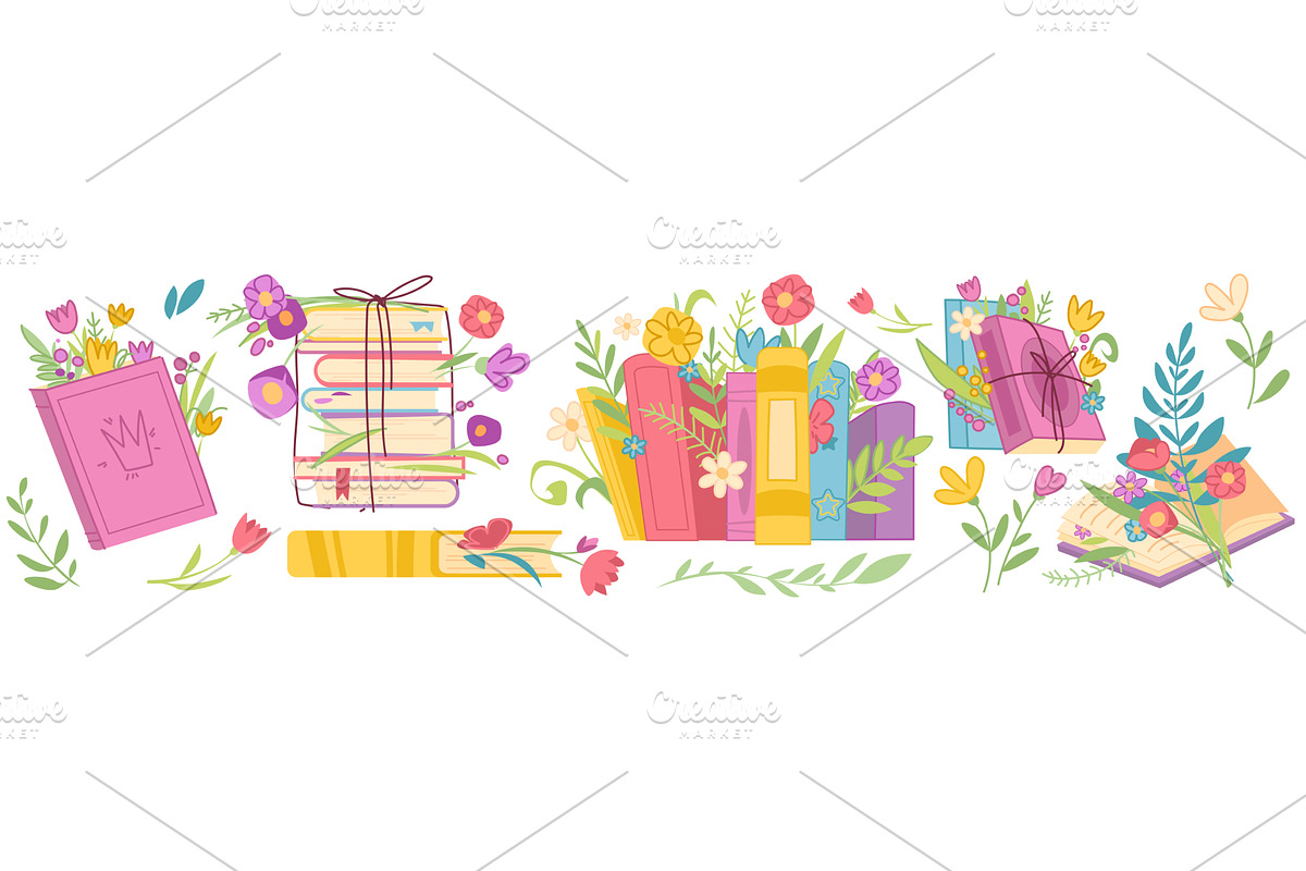Book stack with flowers cartoon, an Object Illustration by art PVP - market