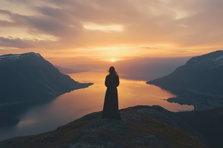 Courageous woman gazes over stunning, a Photo by Iftikhar Alam
