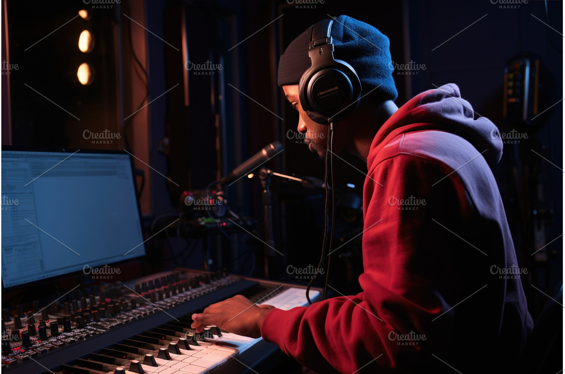 A black male singer is recording, a Technology Photo by Alena Stoyko design