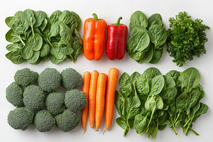 Fresh vegetables arranged neatly on, a Photo by Tanuart